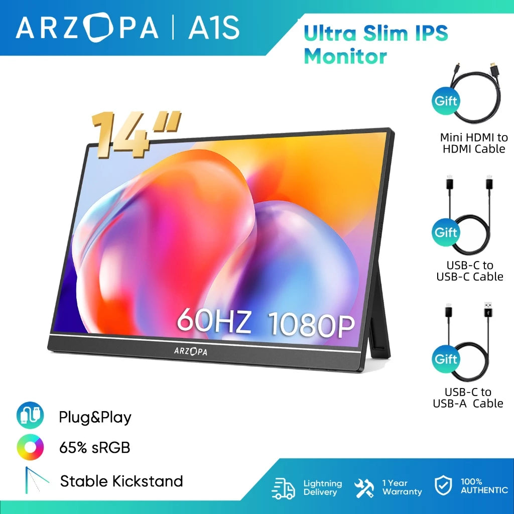 ARZOPA 14" A1 Portable Laptop Monitor FHD 1080P External Display with Dual Speakers Second Screen
